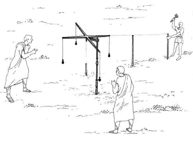 An illustrated depiction of ancient Roman methods of land surveying. The Romans used a device called a groma, which consisted of intersecting wooden arms.